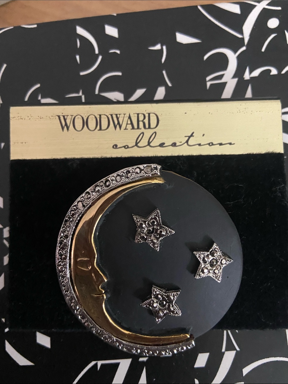 Vintage Moon Stars Gold Silver Tone Black Ultra Craft Brooch